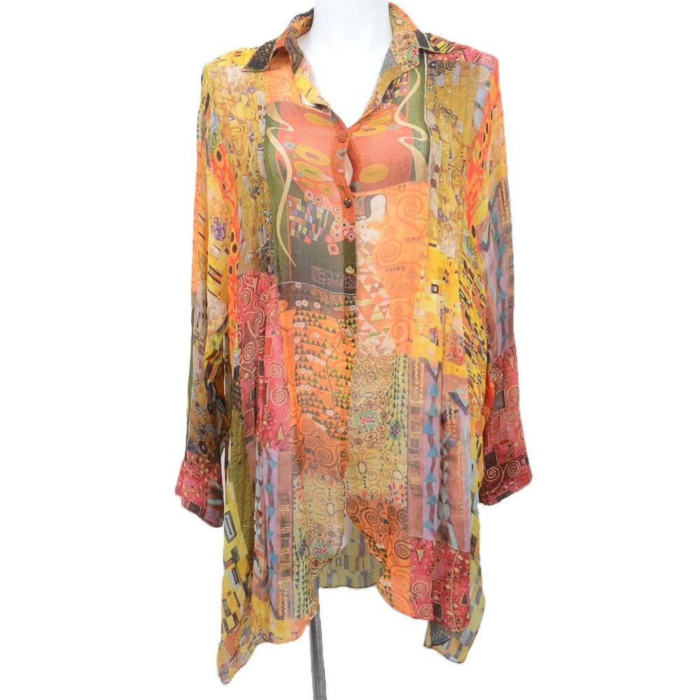Sterling Styles One Size Flowy Patchwork Wearable Art Tunic‎ Button Up Blouse